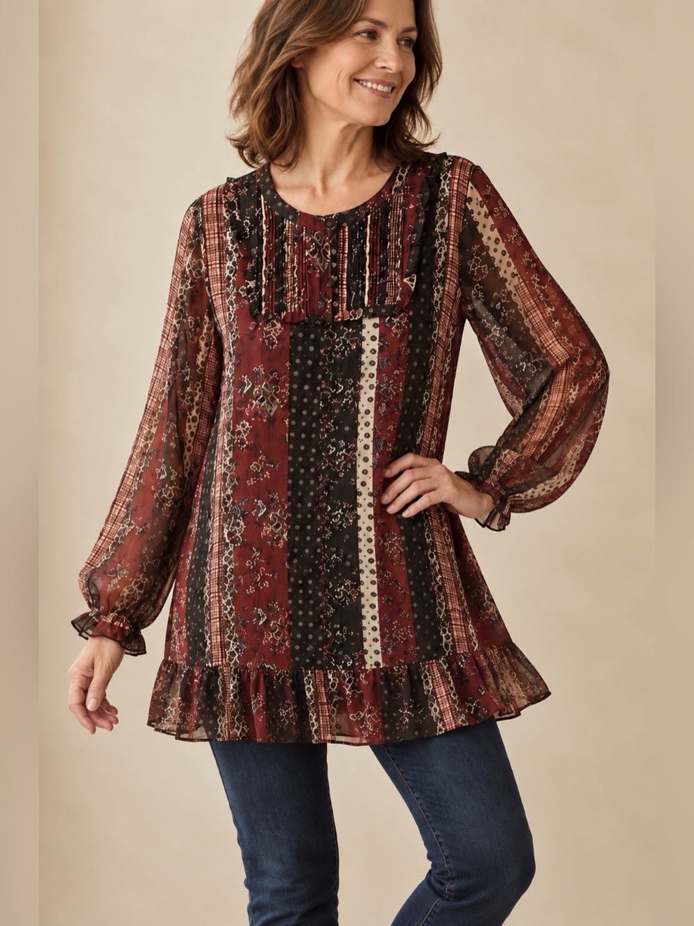 LOGO by Lori Goldstein Patchwork Chiffon Boho Tunic Top